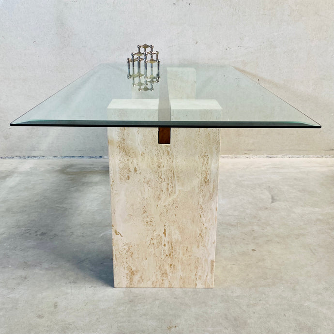 ITALIAN DESIGN TRAVERTIN DINING TABLE WITH GLASS TOP ARTEDI, ITALY 1970S