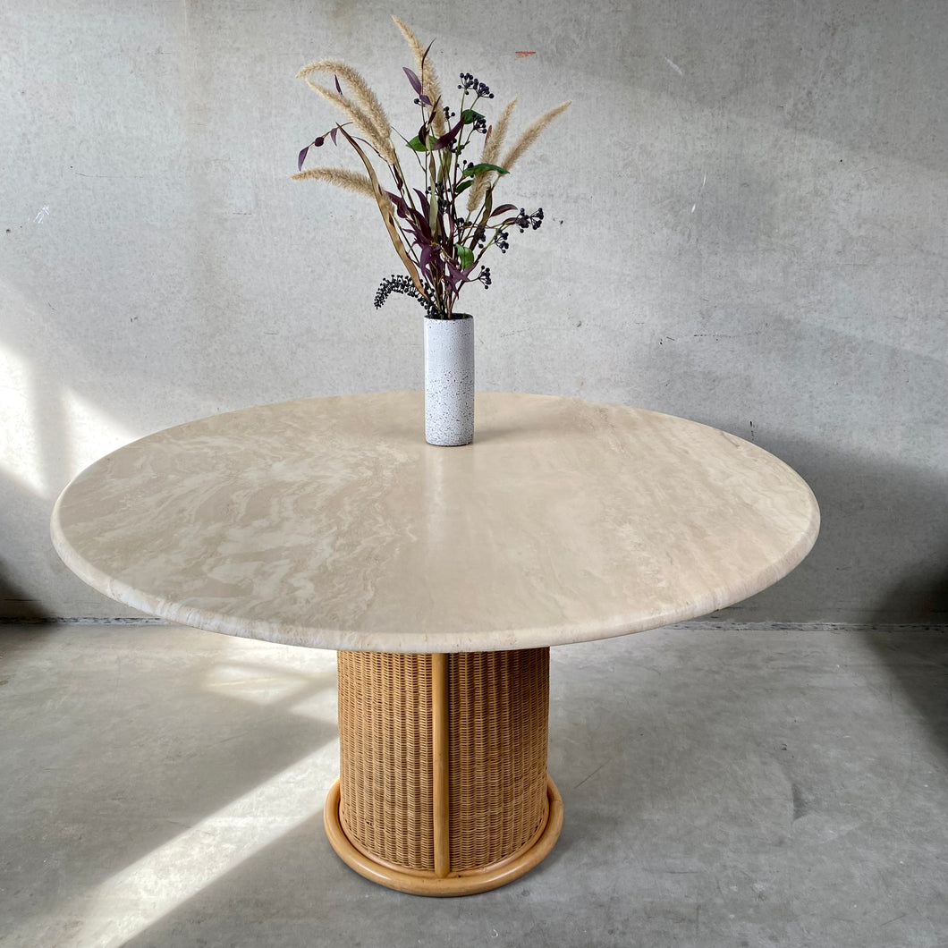 Large Round Travertine Dining Table With Rattan Base, Italy 1970