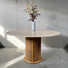 Load image into Gallery viewer, Large Round Travertine Dining Table With Rattan Base, Italy 1970
