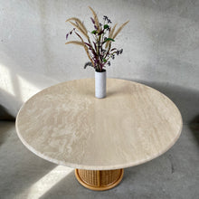 Load image into Gallery viewer, Large Round Travertine Dining Table With Rattan Base, Italy 1970
