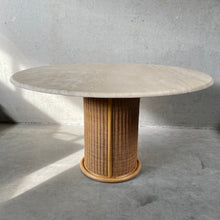 Load image into Gallery viewer, Large Round Travertine Dining Table With Rattan Base, Italy 1970
