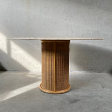 Load image into Gallery viewer, Large Round Travertine Dining Table With Rattan Base, Italy 1970
