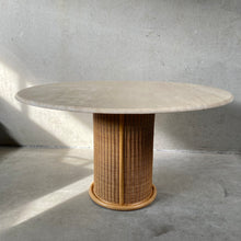 Load image into Gallery viewer, Large Round Travertine Dining Table With Rattan Base, Italy 1970
