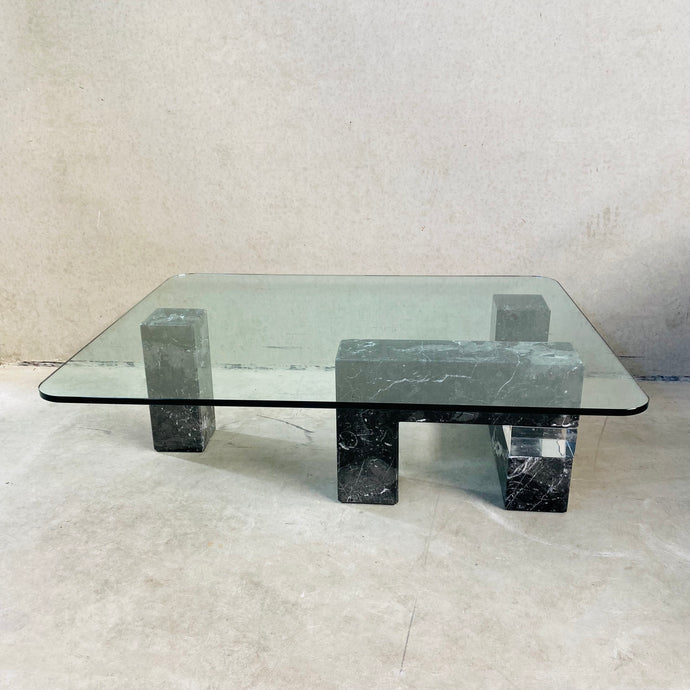 SOLID MARBLE AND PLEXIGLASS BASE COFFEE TABLE WITH GLASS TOP, NETHERLANDS 1980S