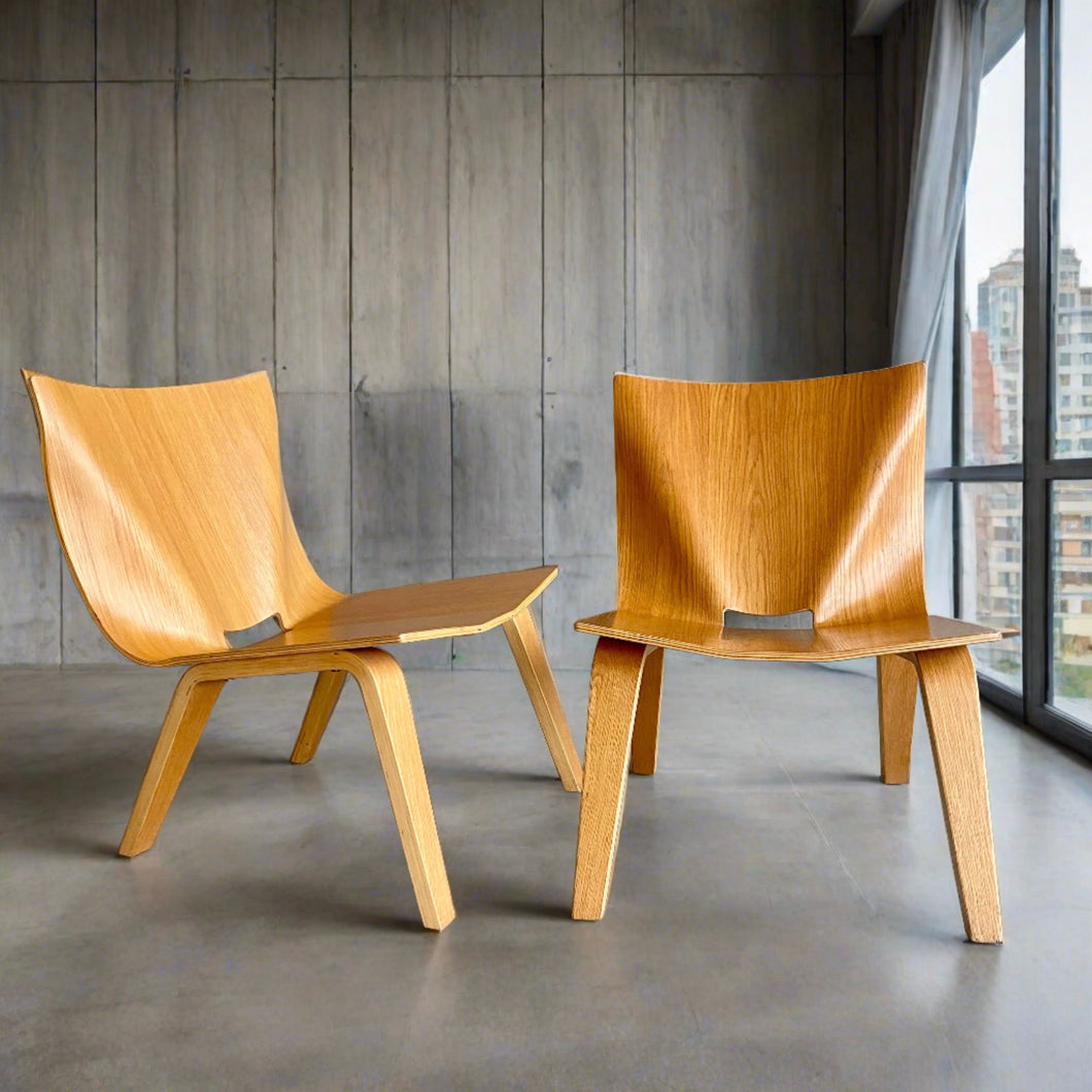 2 x Mid-century Oak Low Easy Chairs, Italy 1990